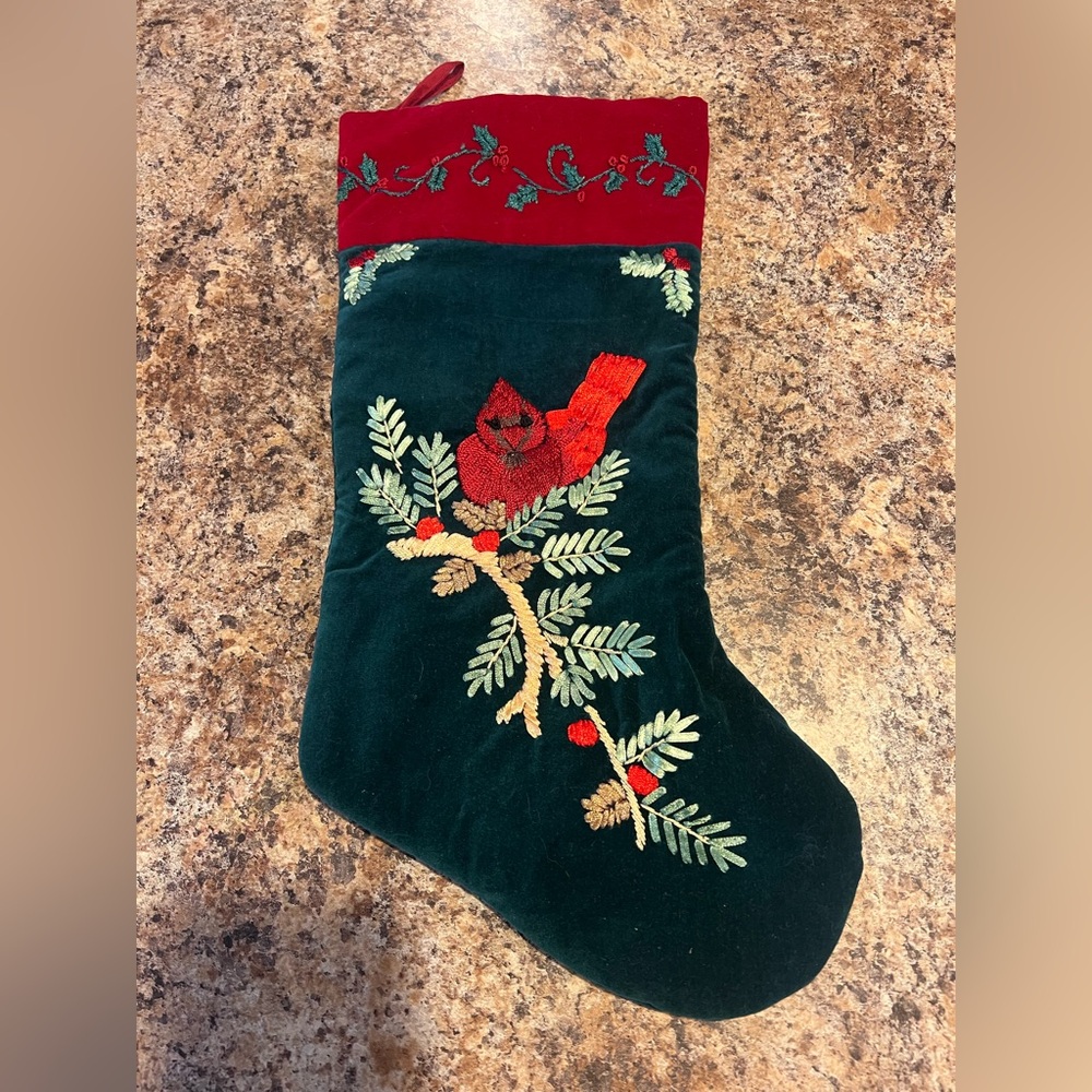 Embroidered Christmas Stocking with Cardinal